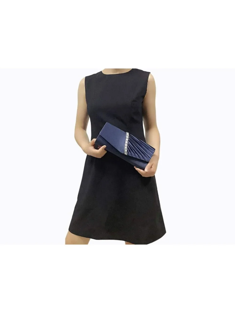 Women's Navy Blue Crystal Embellished Pleated Satin Clutch Purse For Evening Bag